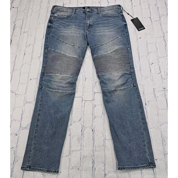 True Religion MENS SZ 36X32 Jeans Rocco Moto Relaxed Skinny Stretch Blue Viper